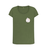 Khaki Organic Ladies Scoop Neck Cat and Dog with Pink Flowers T-shirt