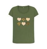 Khaki Organic Ladies Scoop Neck Animal Print Pink, Gold and Black Hearts T-shirt
