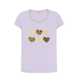 Violet Organic Ladies scoop neck Animal print pink, gold and black hearts T-shirt