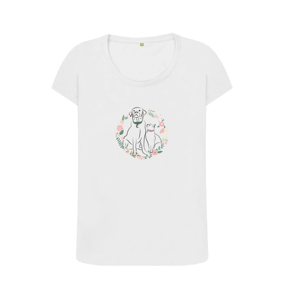 White Organic Ladies Scoop Neck Cat and Dog in Floral Wreath T-shirt