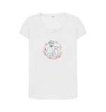 White Organic Ladies Scoop Neck Cat and Dog in Floral Wreath T-shirt