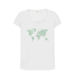 White Organic Ladies Scoop Neck Green Animal Footprint World Map T-shirt