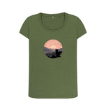 Khaki Organic Ladies Scoop Neck Cat in Sunset T-shirt