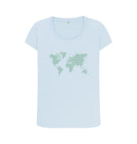 Sky Blue Organic Ladies Scoop Neck Green Animal Footprint World Map T-shirt