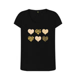 Black Organic Ladies Scoop Neck Animal Print Pink, Gold and Black Hearts T-shirt