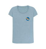 Stone Blue Organic Ladies Scoop Neck Dog in Blue Circle T-shirt