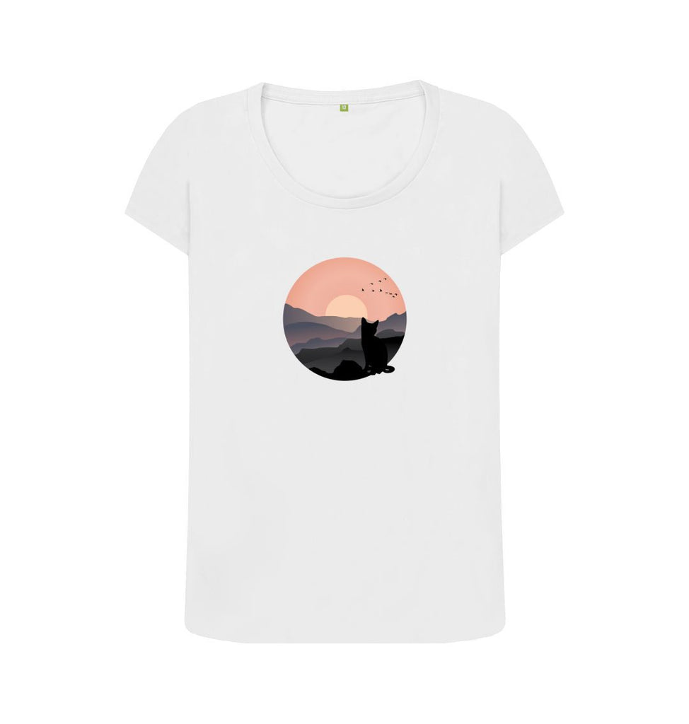 White Organic Ladies Scoop Neck Cat in Sunset T-shirt