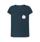 Denim Blue Organic Ladies Scoop Neck Cat and Dog with Pink Flowers T-shirt