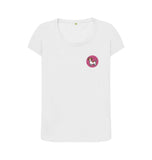 White Organic Ladies Scoop Neck Dog in Pink Circle T-shirt