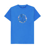 Bright Blue Organic Men's Cat and Dog in Floral Wreath T-shirt