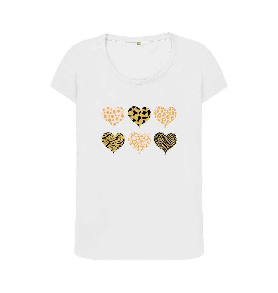 White Organic Ladies Scoop Neck Animal Print Pink, Gold and Black Hearts T-shirt