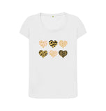 White Organic Ladies Scoop Neck Animal Print Pink, Gold and Black Hearts T-shirt