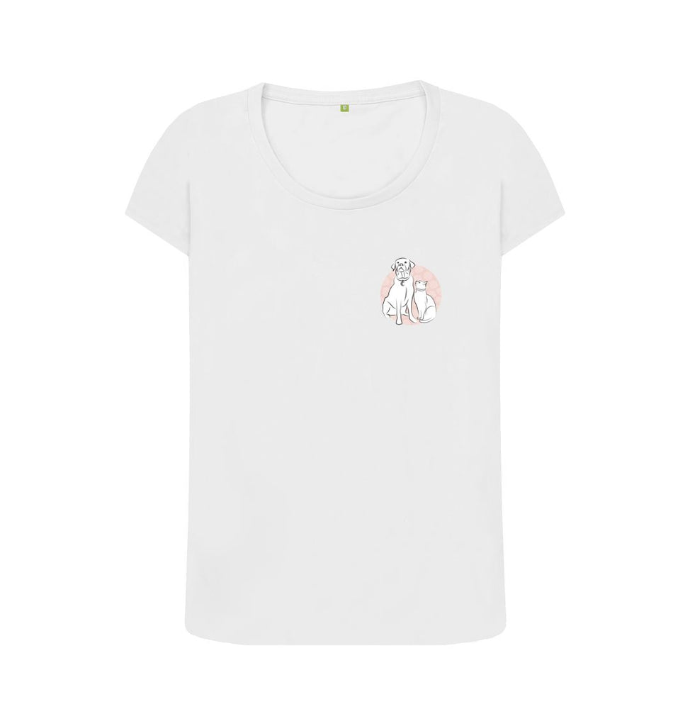 White Organic Ladies Scoop Neck Cat and Dog with Pink Flowers T-shirt