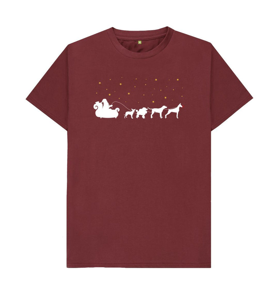 Red Wine Mens Dogs pulling Santa's sleigh Christmas T-shirt