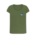 Khaki Organic Ladies Scoop Neck Dog in Blue Circle T-shirt
