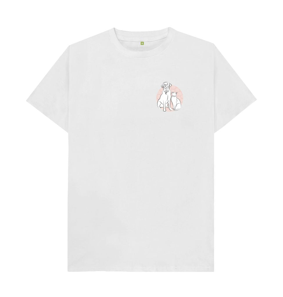 White Organic Men's Cat and Dog with Pink Flowers T-shirt