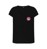 Black Organic Ladies Scoop Neck Dog in Pink Circle T-shirt