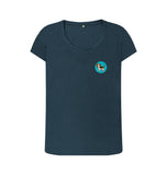 Denim Blue Organic Ladies Scoop Neck Dog in Green Circle T-shirt