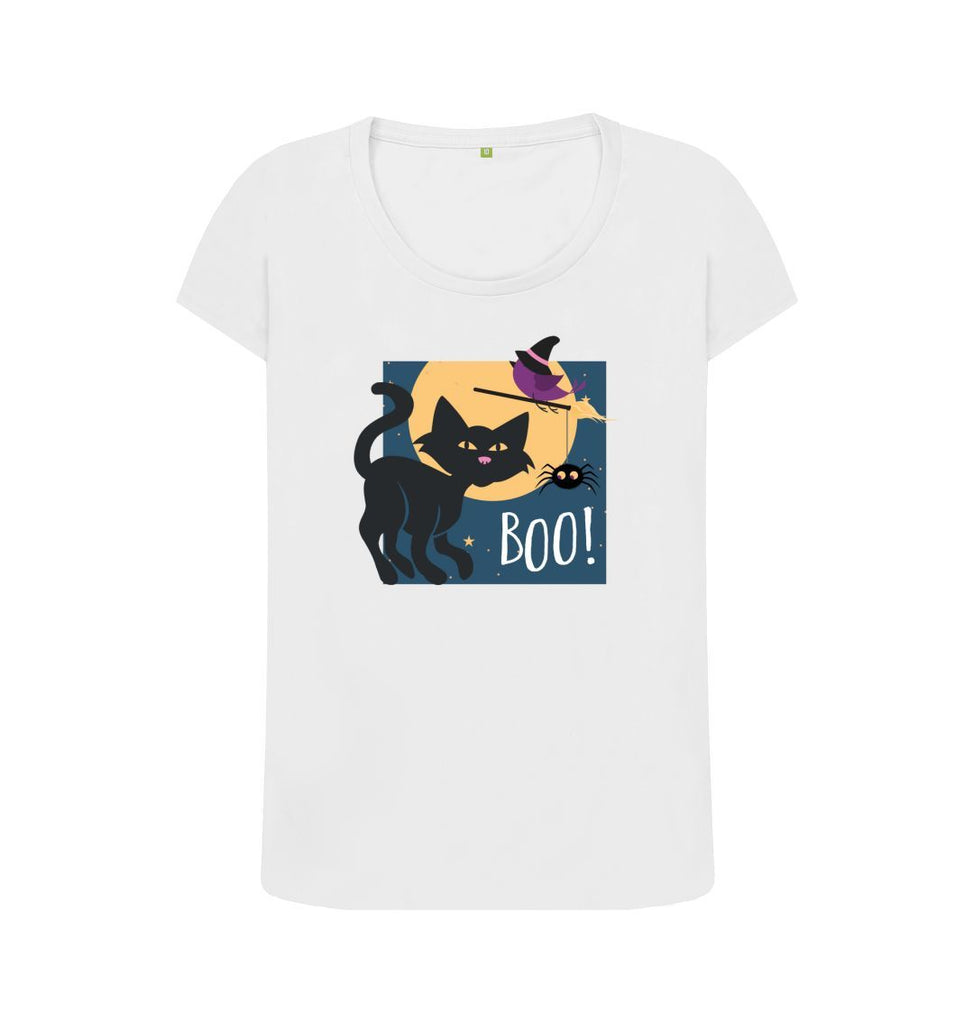 White Organic Ladies Scoop Neck Halloween Cat T-shirt