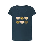 Denim Blue Organic Ladies Scoop Neck Animal Print Pink, Gold and Black Hearts T-shirt