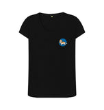 Black Organic Ladies Scoop Neck Dog in Blue Circle T-shirt