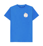 Bright Blue Organic Men's Cat and Dog with Pink Flowers T-shirt