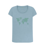 Stone Blue Organic Ladies Scoop Neck Green Animal Footprint World Map T-shirt
