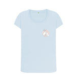 Sky Blue Organic Ladies Scoop Neck Cat and Dog with Pink Flowers T-shirt