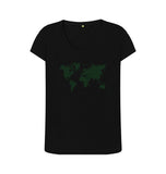 Black Organic Ladies Scoop Neck Green Animal Footprint World Map T-shirt