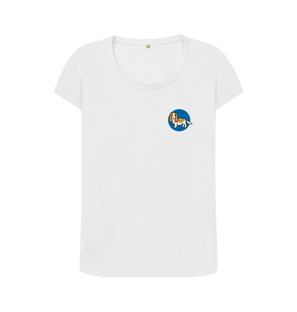 White Organic Ladies Scoop Neck Dog in Blue Circle T-shirt