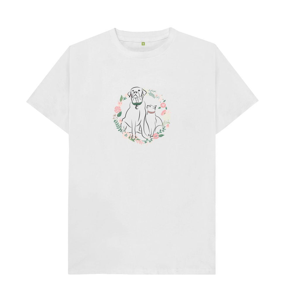 White Organic Men's Cat and Dog in Floral Wreath T-shirt