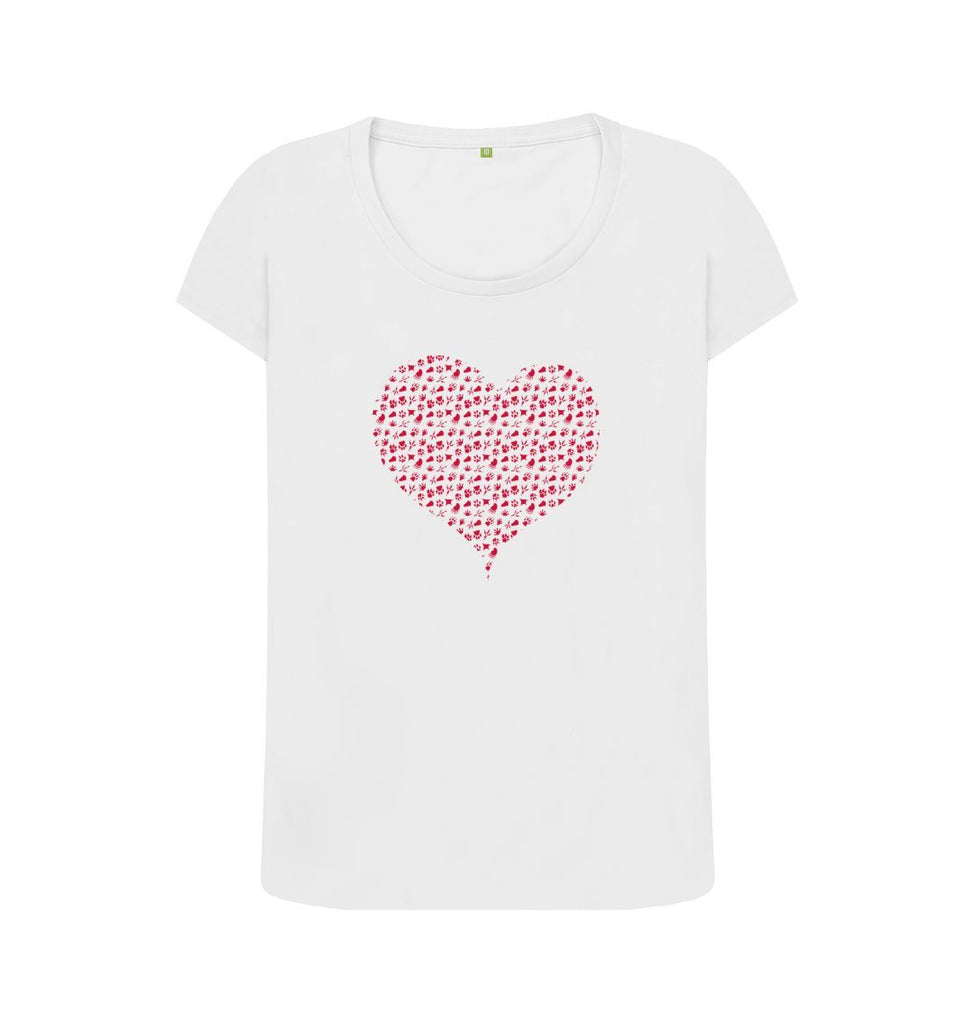 White Organic Ladies Scoop Neck Animal Footprint Heart T-shirt