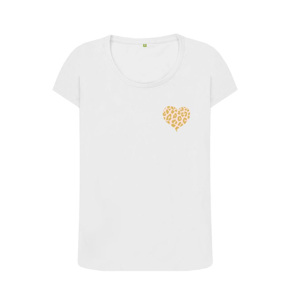 White Organic Ladies Scoop Neck Animal Print Heart T-shirt