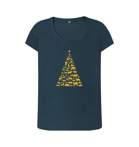 Denim Blue Ladies Animal Tree Christmas T-shirt